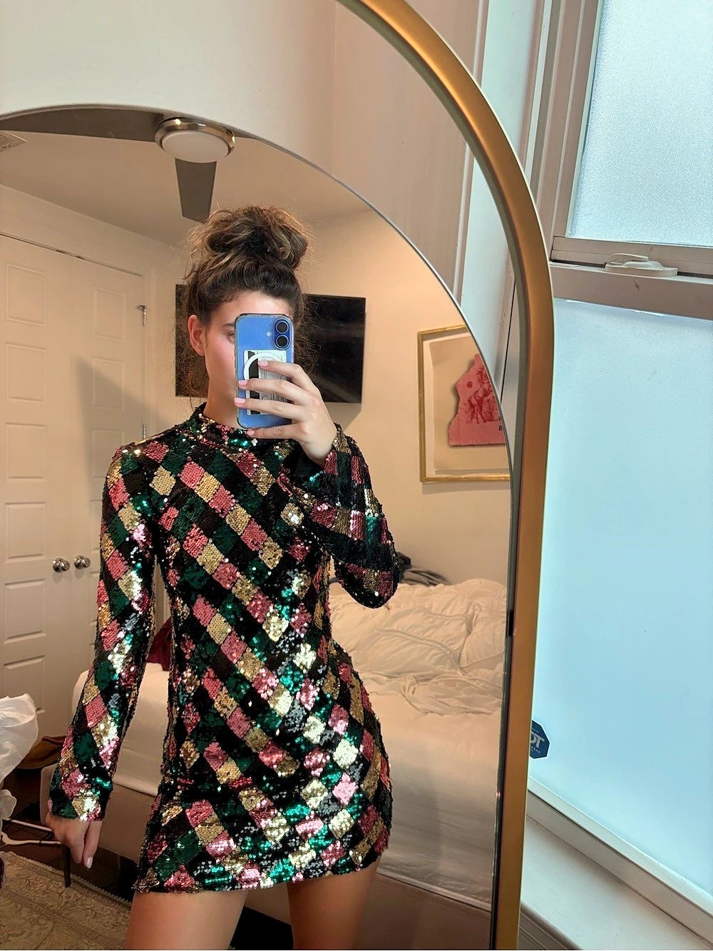 Anthropologie Maeve Long-Sleeve Mock-Neck Sequin Mini Dress Black & Pink Small